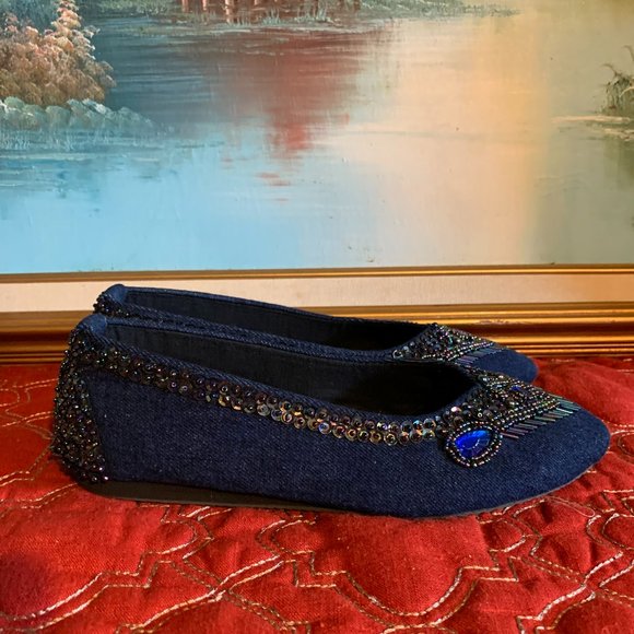 Like NEW! Meeka beaded flats 100% Cotton Royal Blue Women's size 8 - Picture 2 of 10